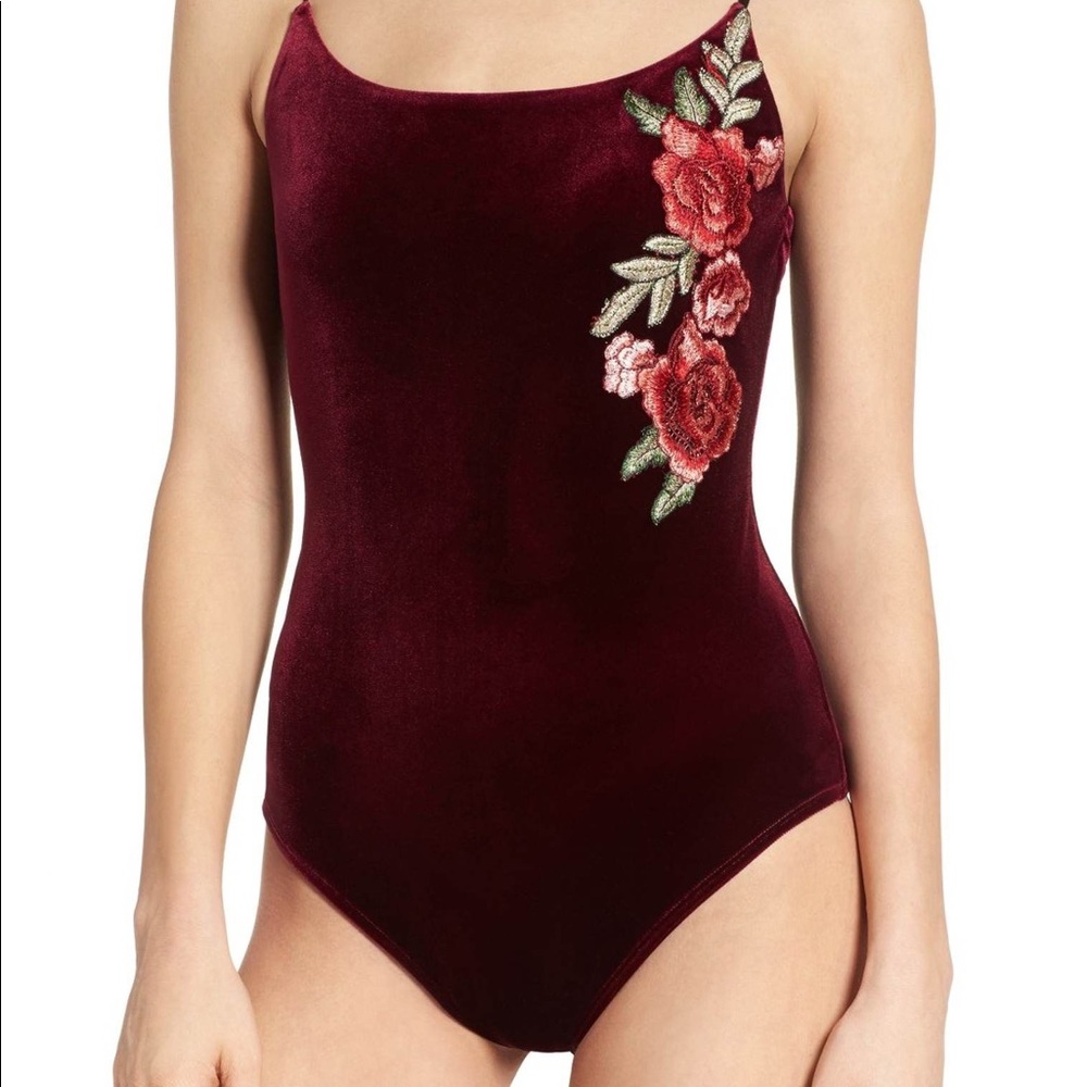Red Velvet Embroidered Bodysuit